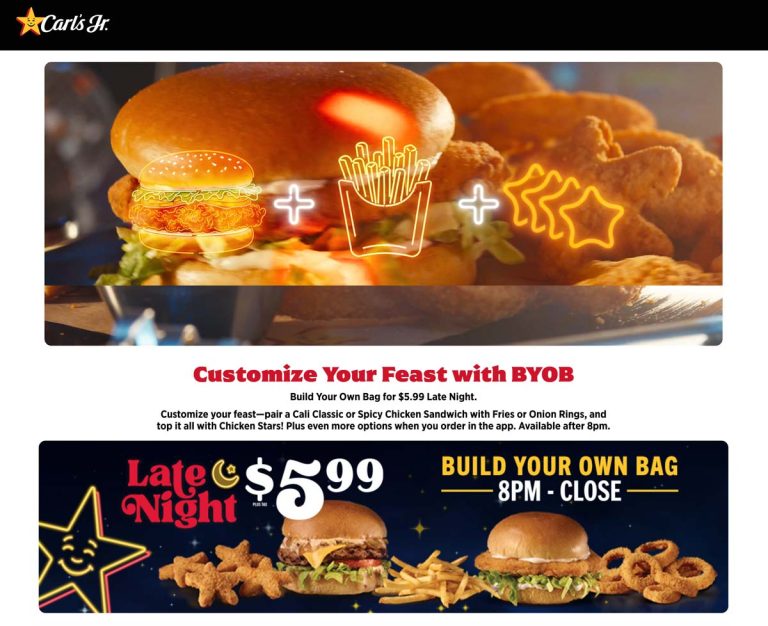 Build your own bag = $6 after 8p at Carls Jr restaurants