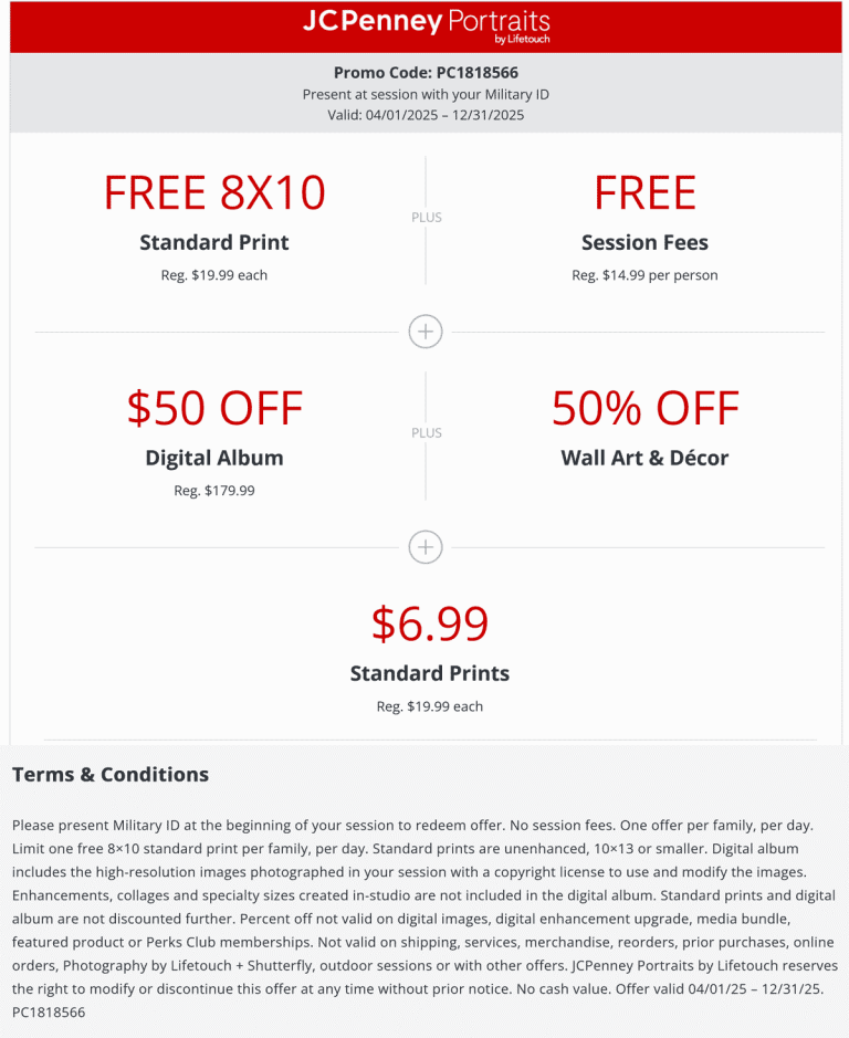Free 8x10 & more with Military ID at JCPenney via promo code PC1818566