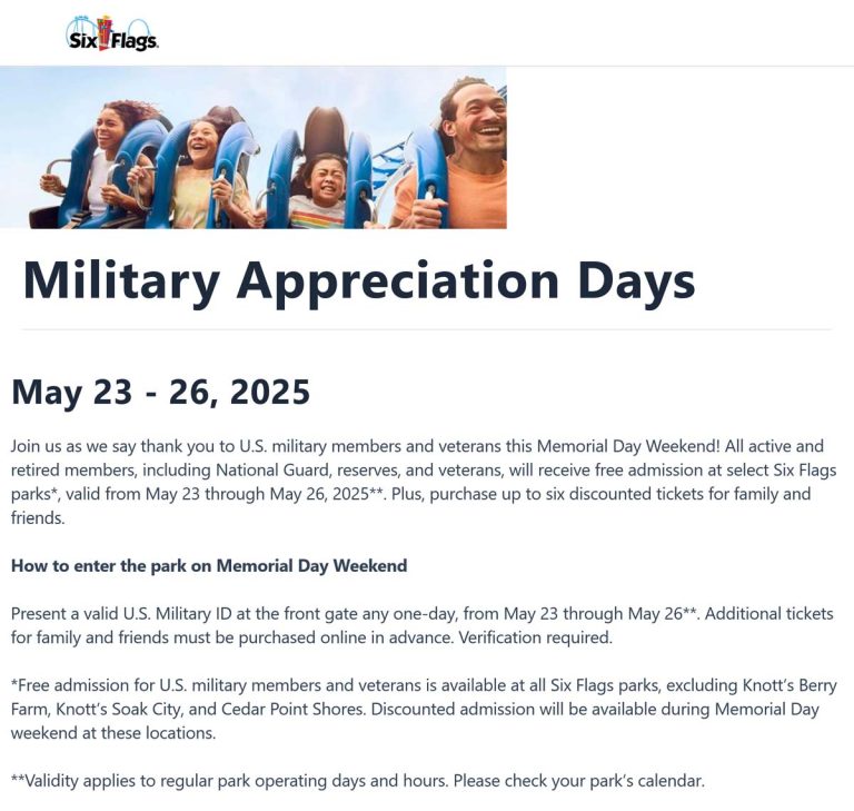 Free entry with military ID & 50% off six more tickets at Six Flags theme parks nationwide