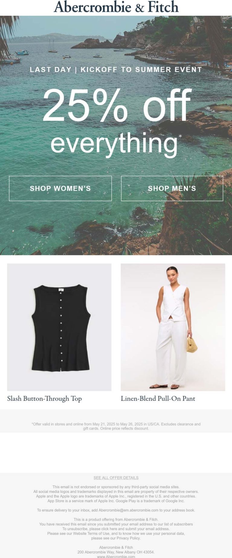 Abercrombie & Fitch coupon: 25% off everything today at Abercrombie & Fitch