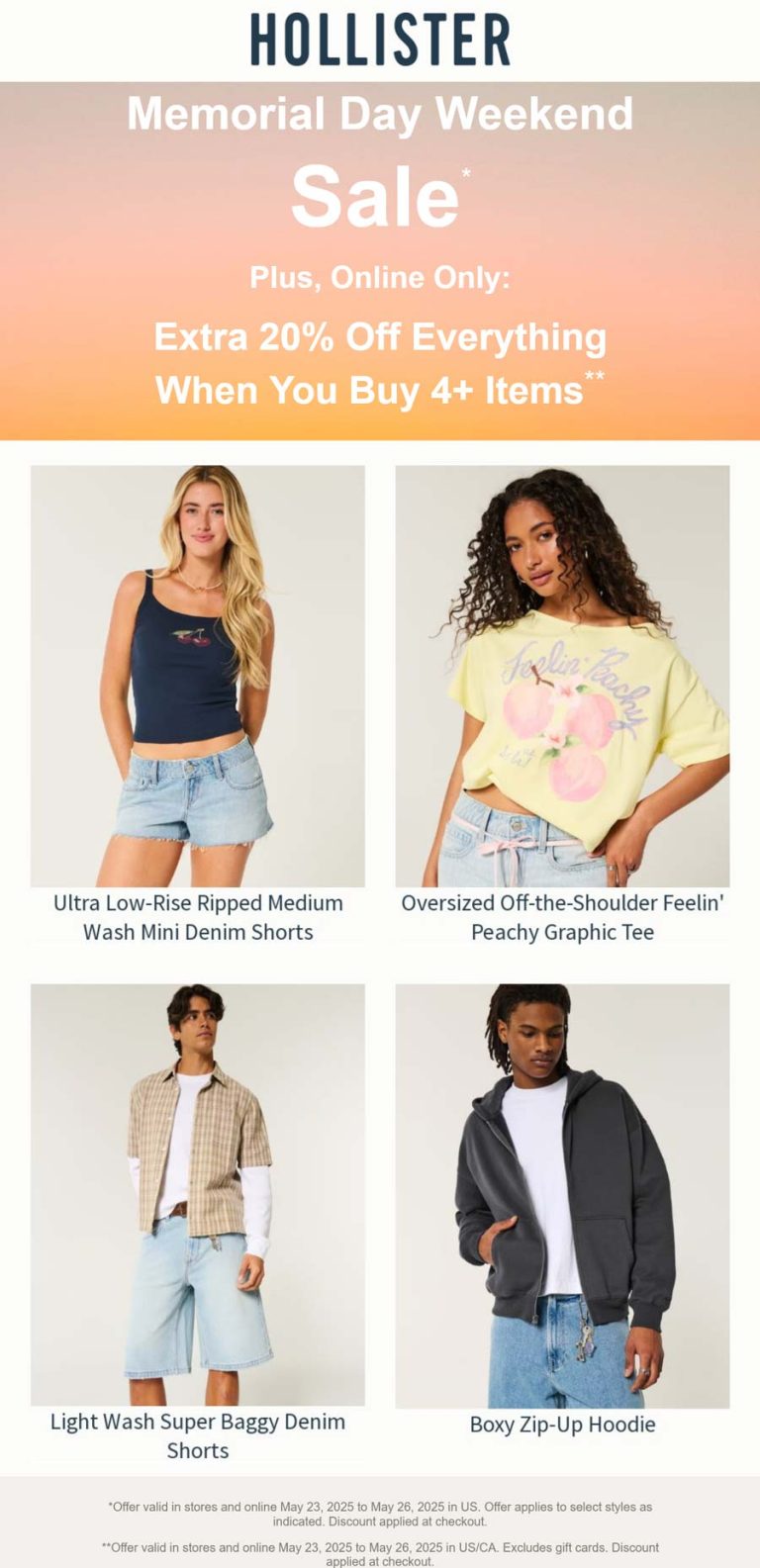 Extra 20% off 4+ items online today at Hollister