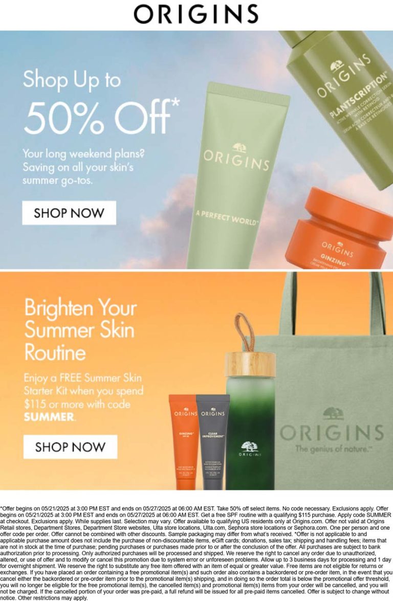 Free 4pc summer skin kit on $115 today at Origins via promo code SUMMER