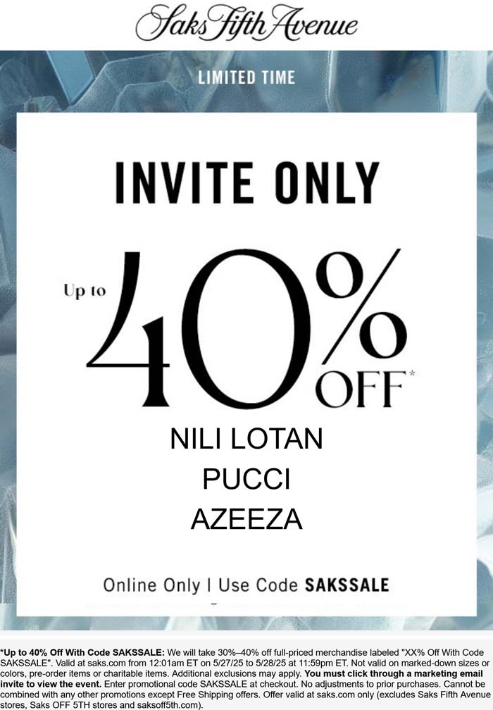 40% off various brand names at Saks Fifth Avenue via promo code ...
