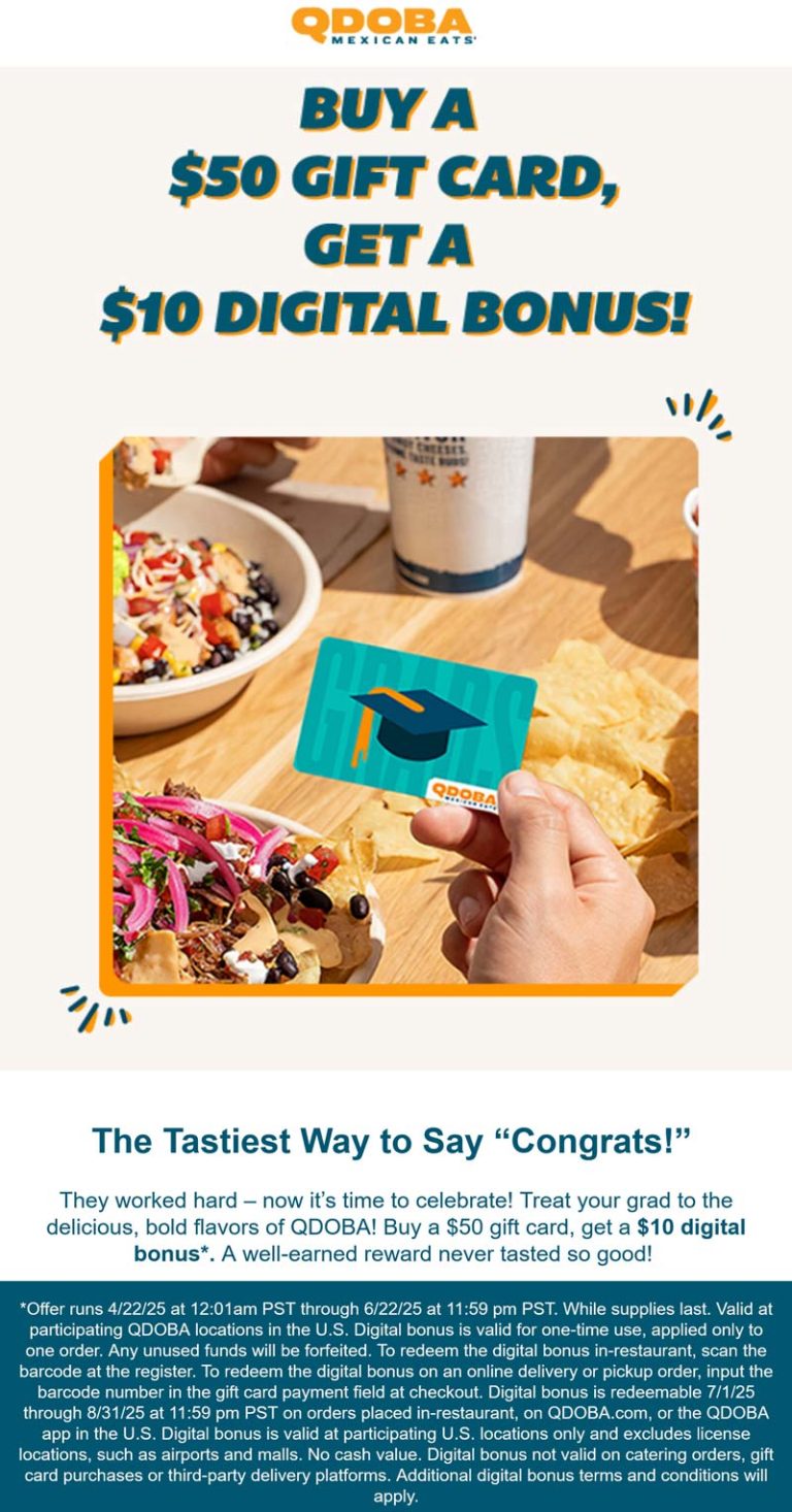 $10 card free with $50 card at Qdoba restaurants