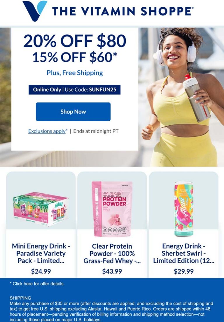 15-20% off $60+ online today at The Vitamin Shoppe via promo code SUNFUN25