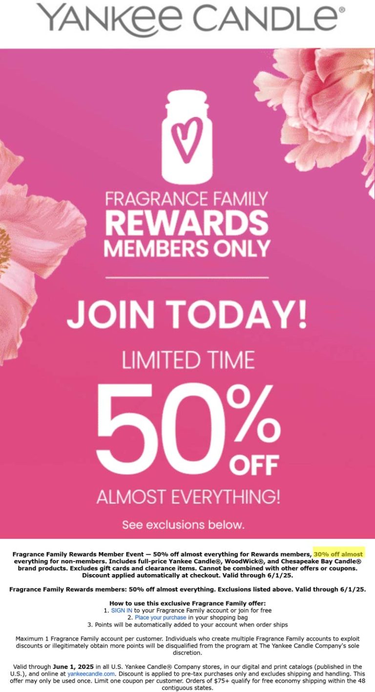 30% off everything at Yankee Candle, ditto online