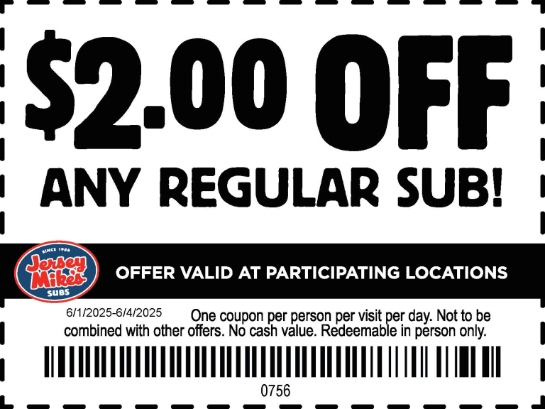 $2 off any sub sandwich at Jersey Mikes