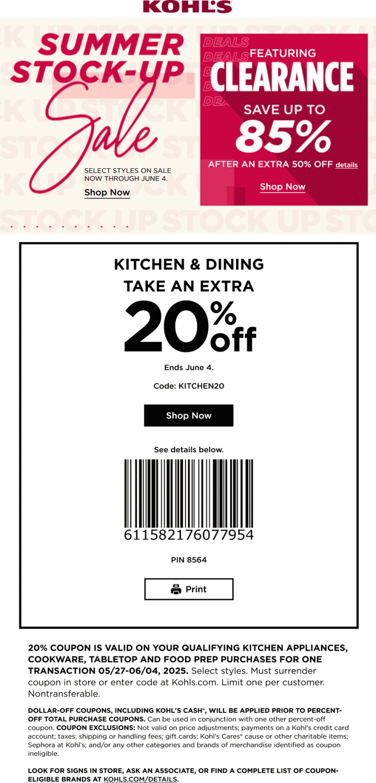 85% off clearance & extra 20% off kitchen at Kohls, or online via promo code KITCHEN20