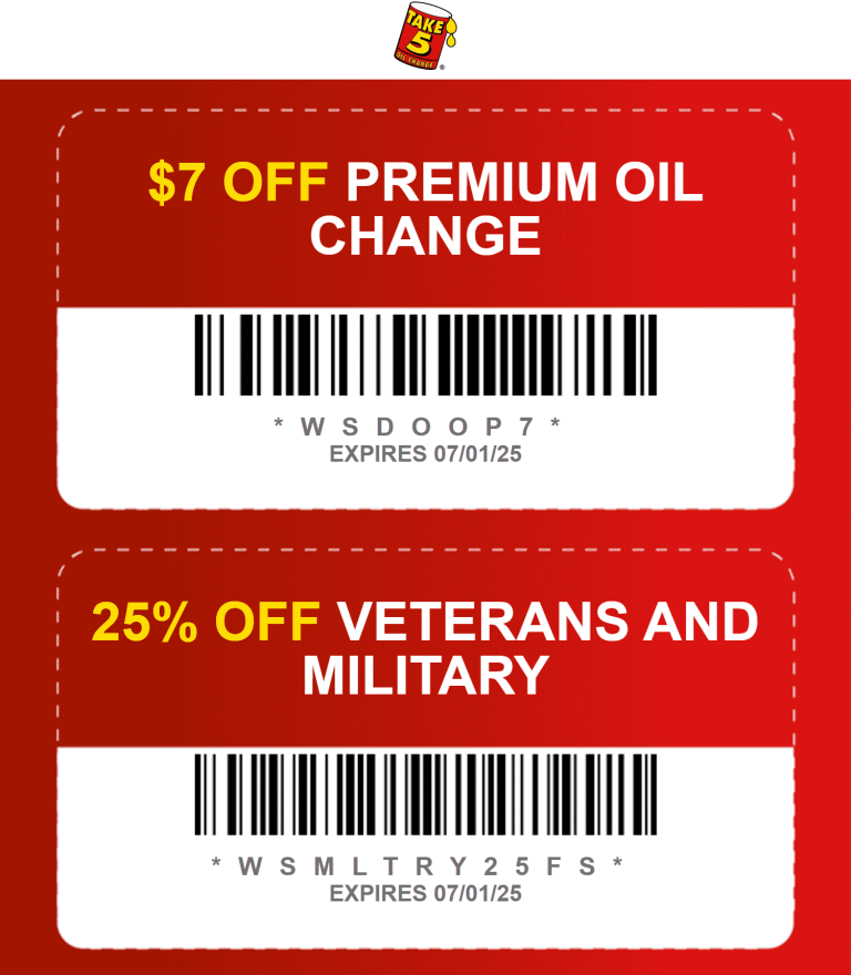 $7 off off an oil change + 25% for veterans at Take 5