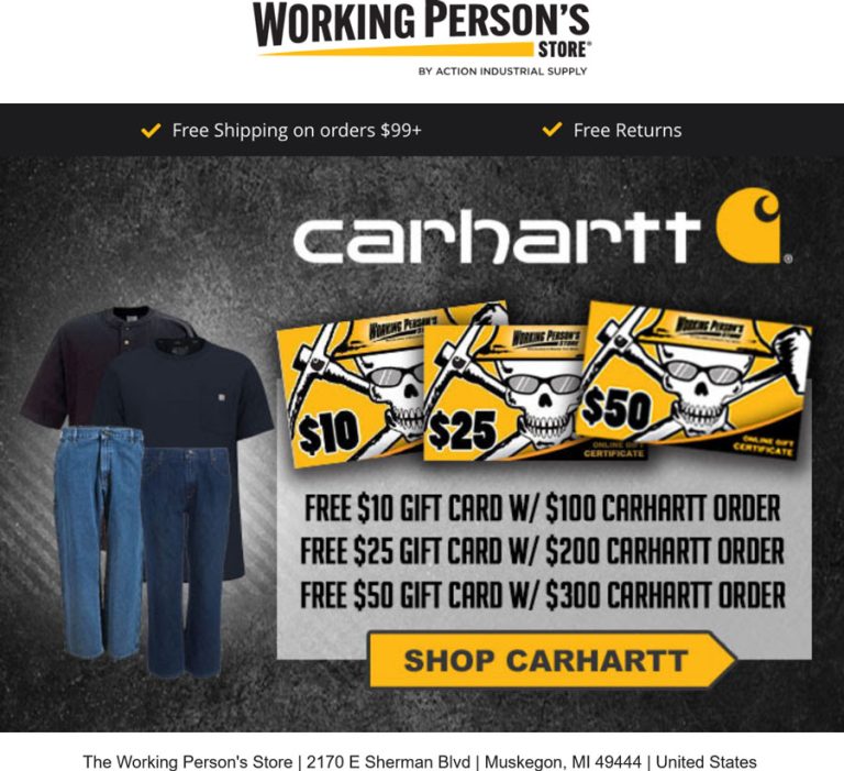 $10-$50 card on $100+ Carhartt order at Working Persons Store