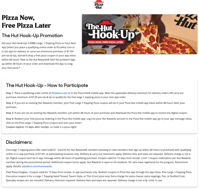 Free large 1-topping followup pizza on $8 at Pizza Hut