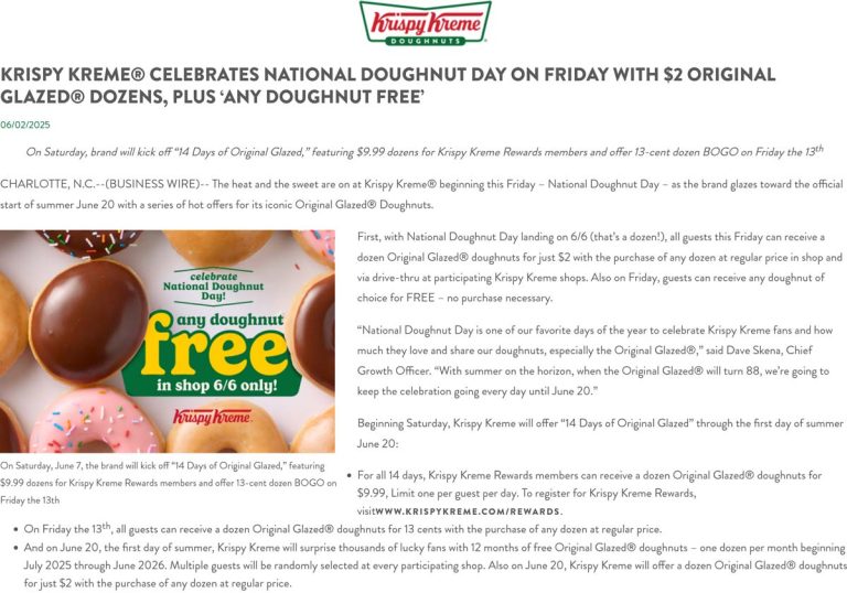 Free doughnut no purchase required Friday at Krispy Kreme, also second dozen $2