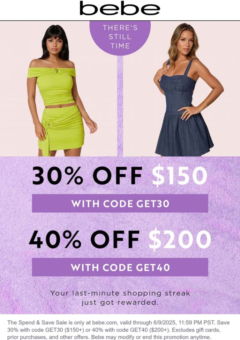 30-40% off $150+ at bebe via promo code GET30