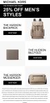 25% off mens styles at Michael Kors, ditto online #michaelkors