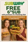 Free 6in sandwich with your footlong online at Subway via promo code BOGO6INCH or 6INCHBOGO #subway