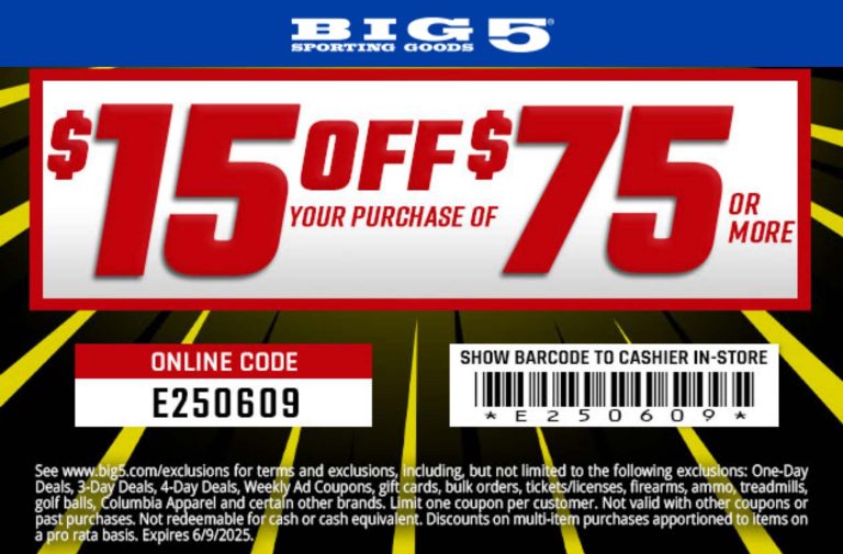 $15 off $75 today at Big 5, or online via promo code E250606