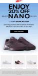 20% off nano styles today at Reebok via promo code NANOFLASH #reebok