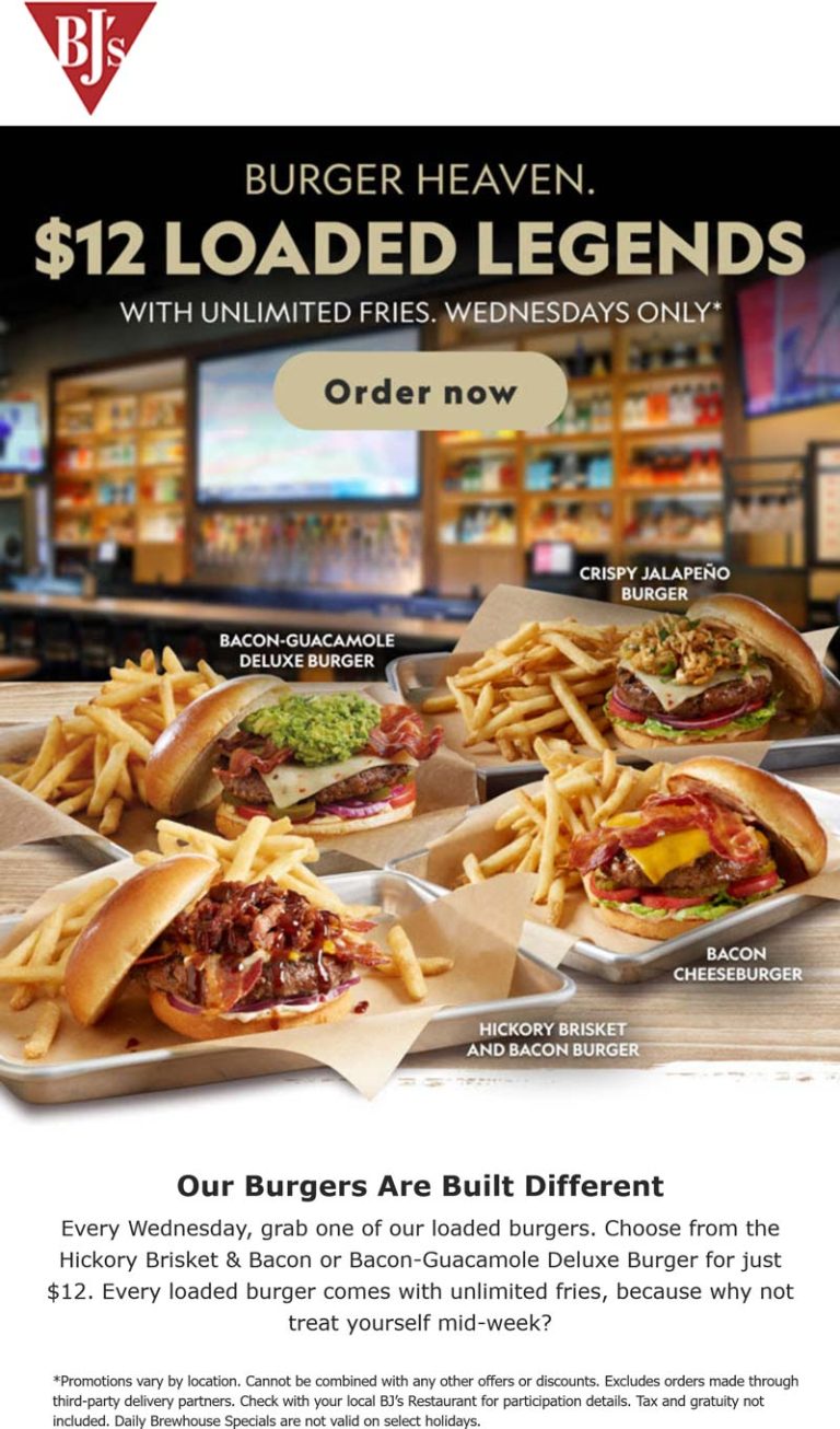 $12 gourmet cheeseburger + bottomless fries Wednesdays at BJs Restaurant