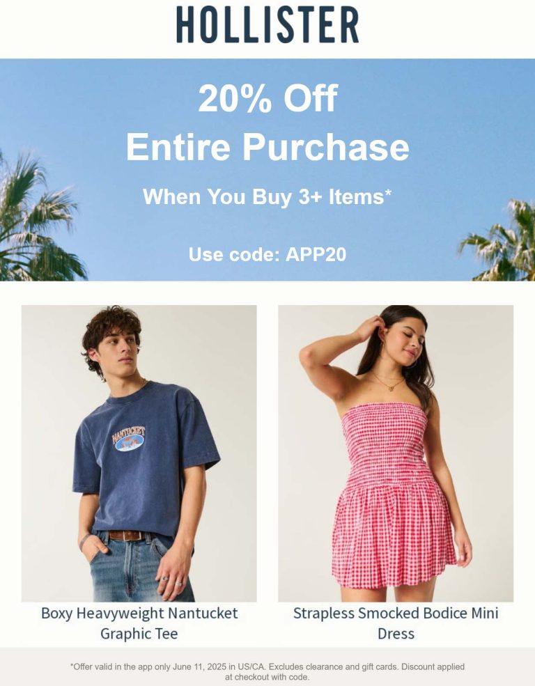 20% off 3+ items today at Hollister via mobile promo code APP20