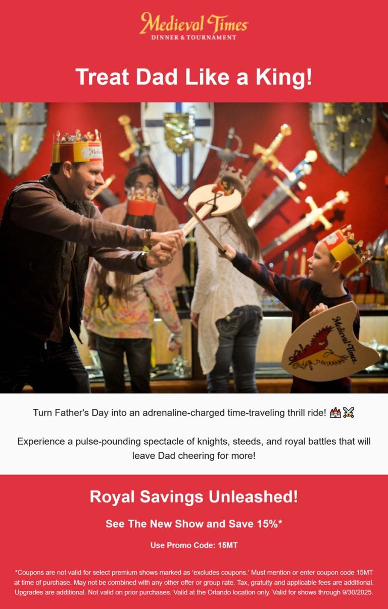 15% off at Medieval Times dinner and tournament via promo code 15MT