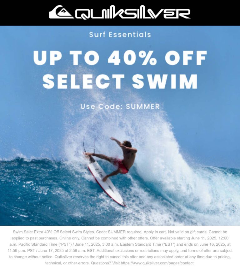30-40% off swim at Quiksilver via promo code SUMMER