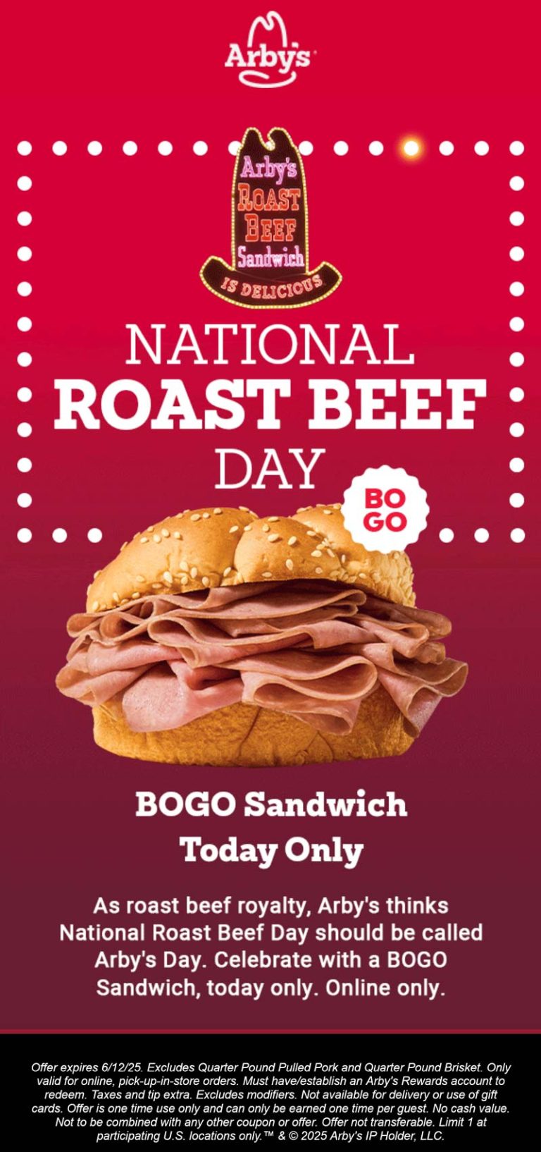 Second beef sandwich free online today at Arbys