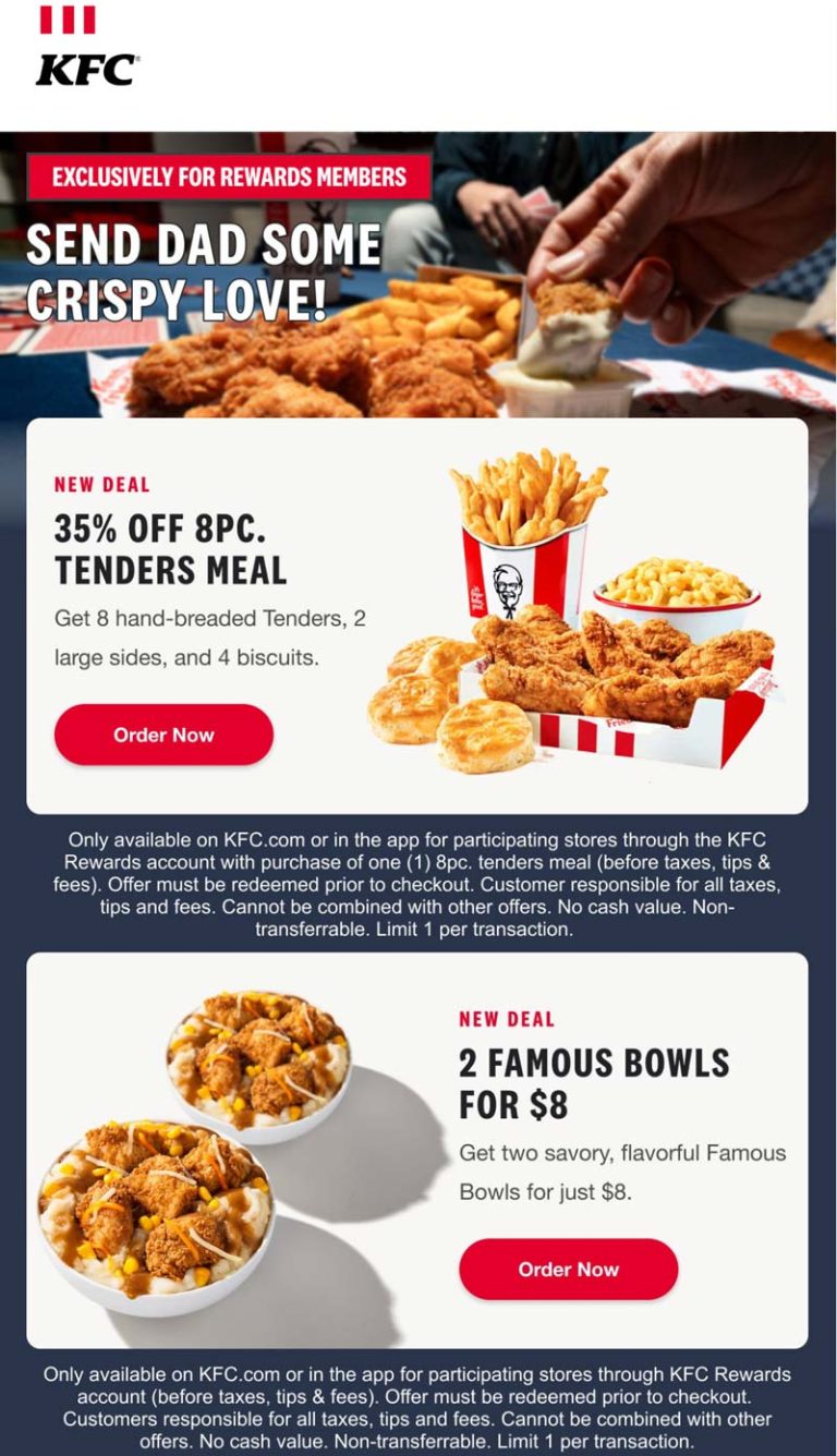 35% off 8pc chicken tenders meal at KFC