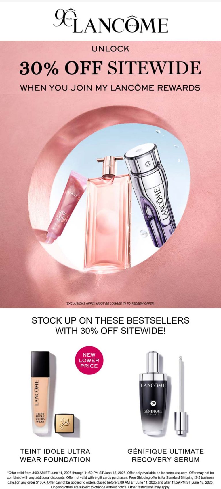 30% off online via login at Lancome cosmetics