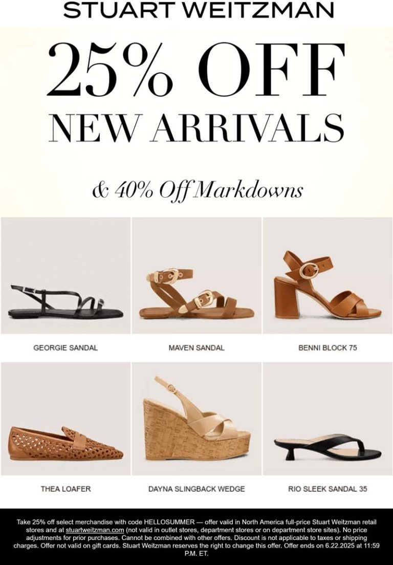 25% off new arrivals & 40% sale items at Stuart Weitzman, or online via promo code HELLOSUMMER