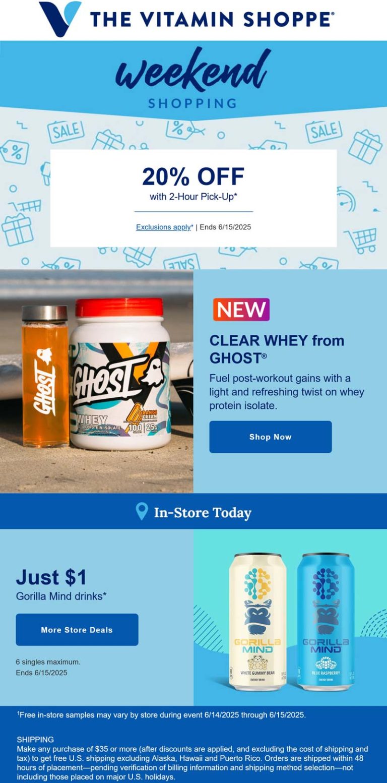 20% off online at The Vitamin Shoppe via promo code RUSHIN25