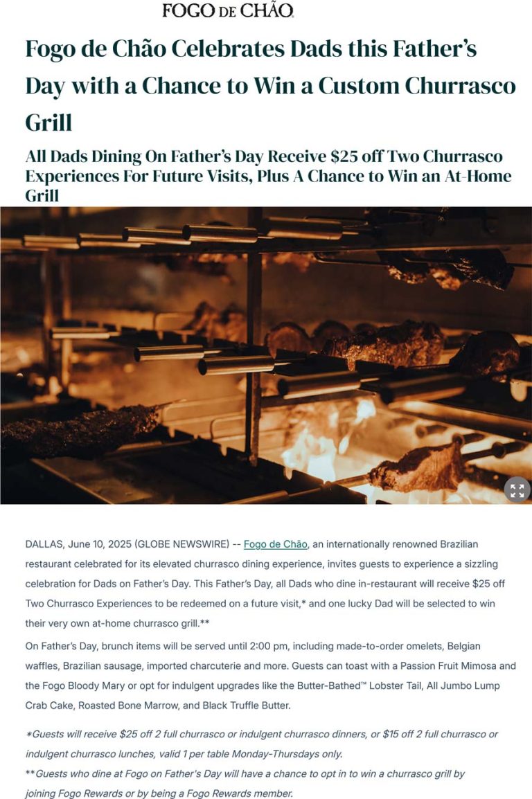 Two $25 future visit coupons with your dine-in today at Fogo De Chao restaurants