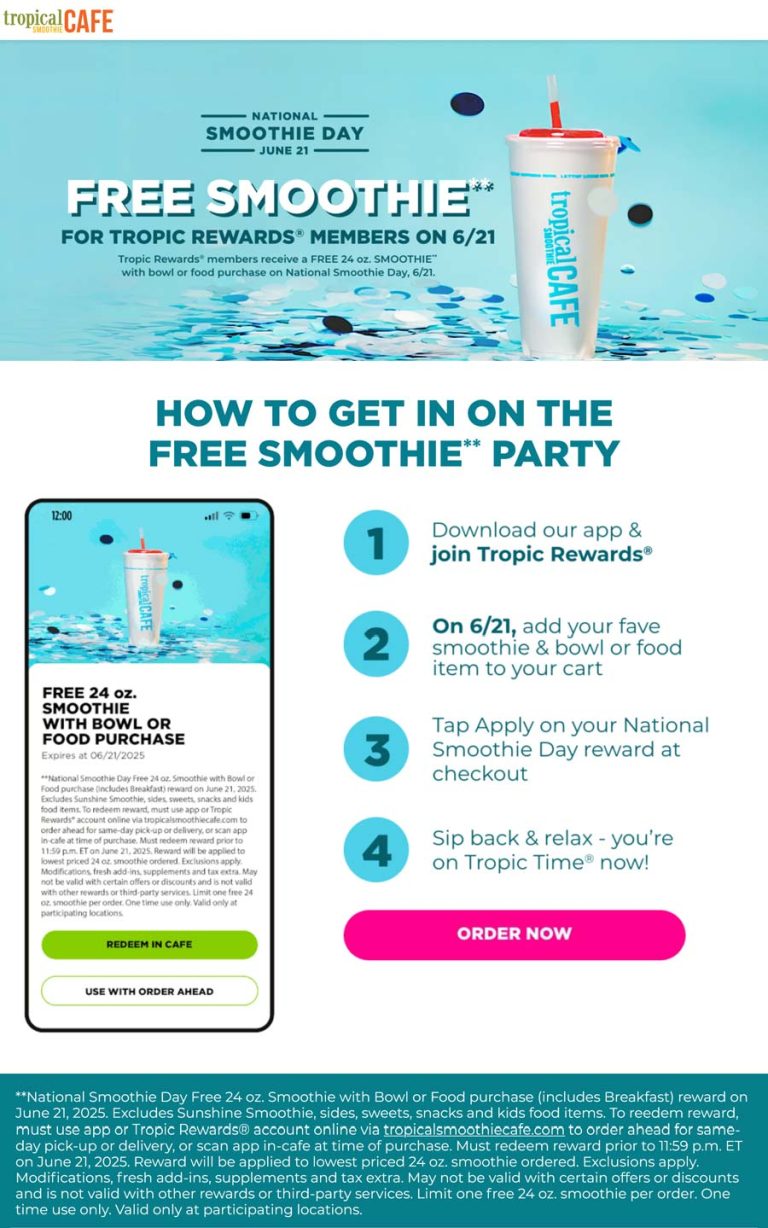 Free 24oz smoothie via login Saturday at Tropical Smoothie Cafe