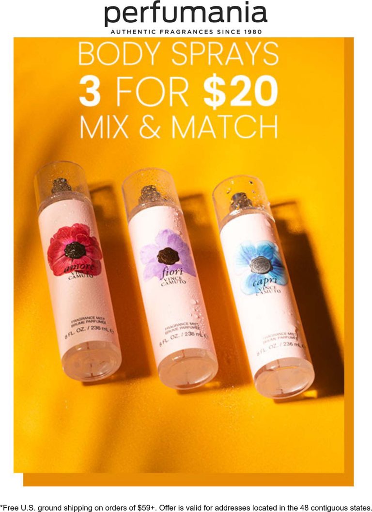 Body sprays are 3 for $20 at Perfumania