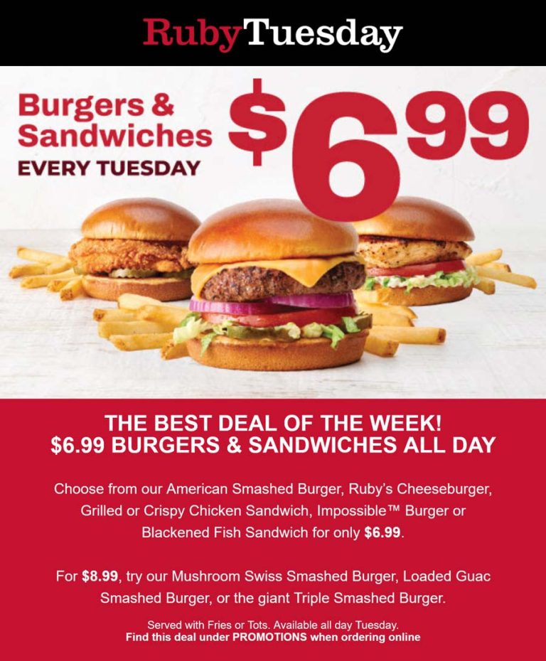 Cheeseburger, fish or chicken sandwich + fries = $7 today at Ruby Tuesday