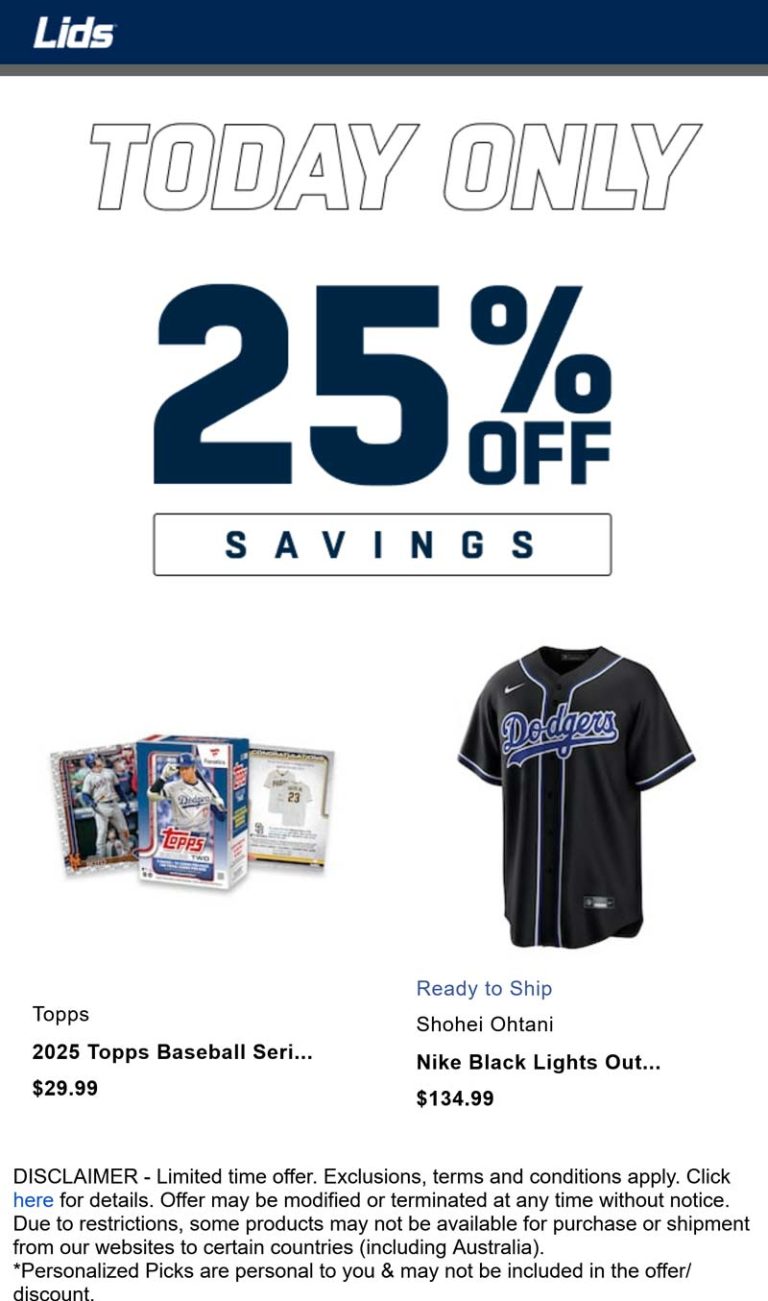 25% off today at Lids via promo code LIDS25