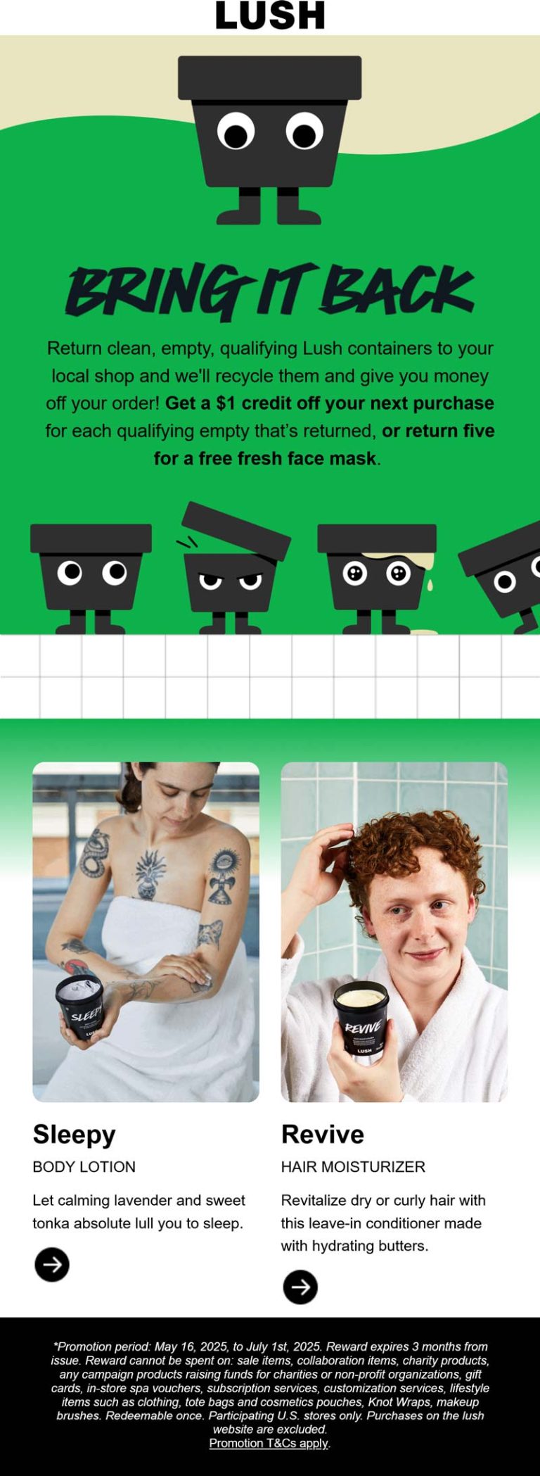 Exchange 5 empties for a free face mask at Lush
