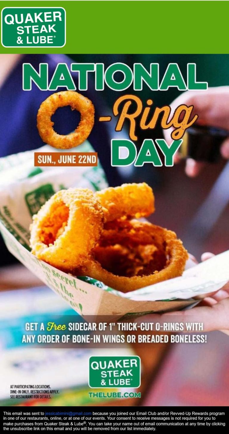 Free onion rings with your chicken wings Sunday at Quaker Steak and Lube