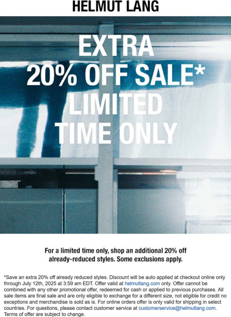 Extra 20% off sale items online at Helmut Lang