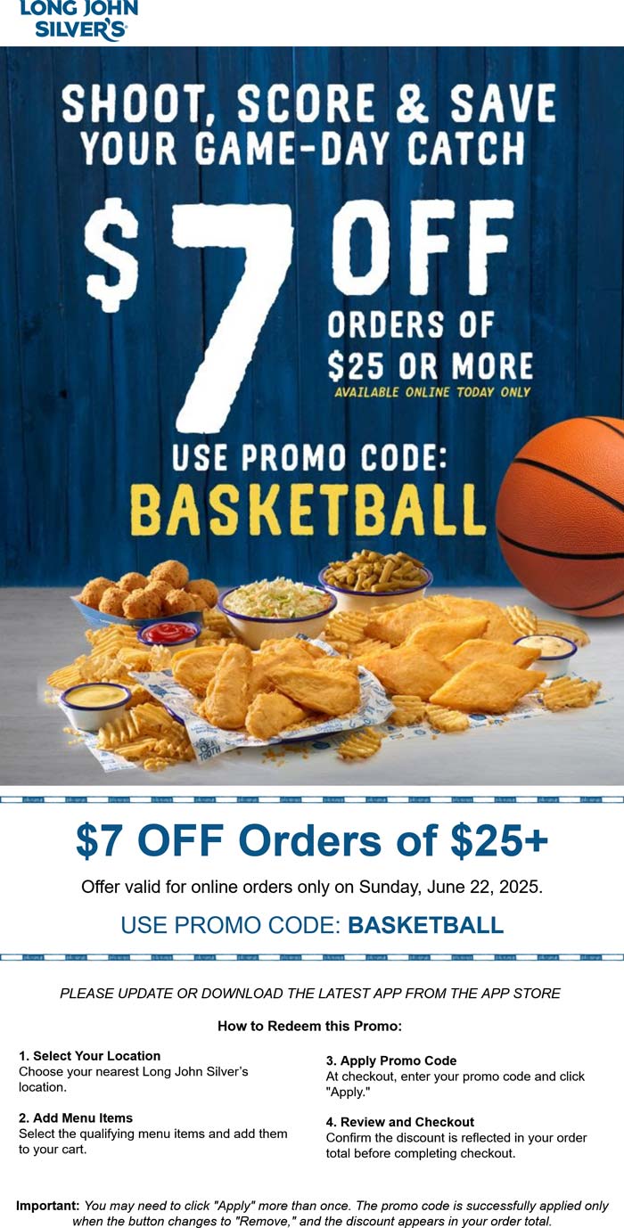 $7 off $25 today at Long John Silvers restaurants via promo code BASKETBALL