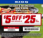 $5 off $25 at Big 5 sporting goods, or online via promo code E250624 #big5