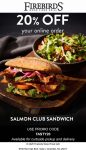 20% off online orders today at Firebirds Wood Fired Grill via promo code TASTY20 #firebirds