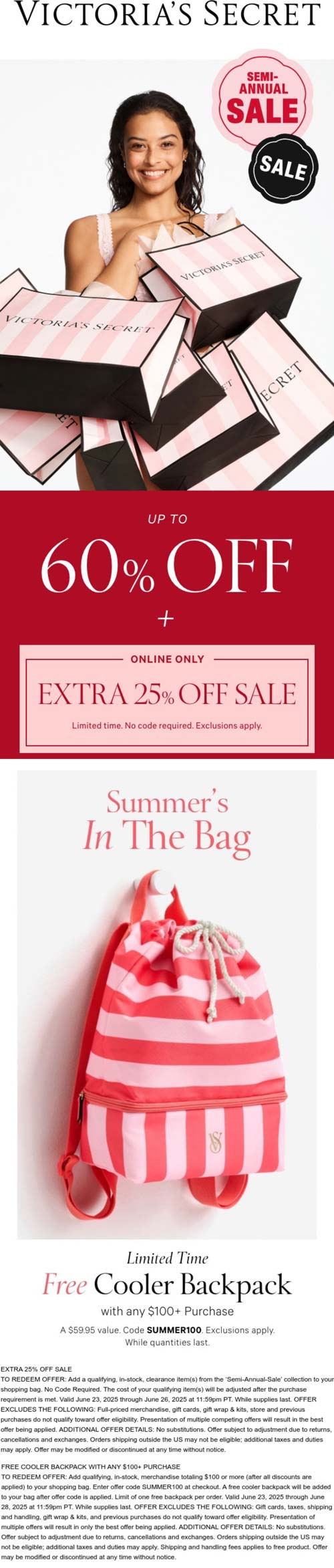 Extra 25% off sale items + free cooler backpack on $100 at Victorias Secret, or online via promo code SUMMER100