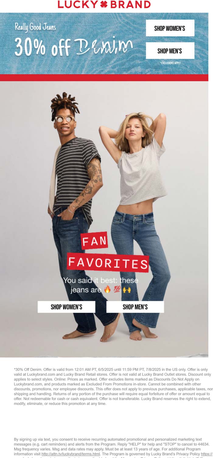 30% off denim at Lucky Brand jeans