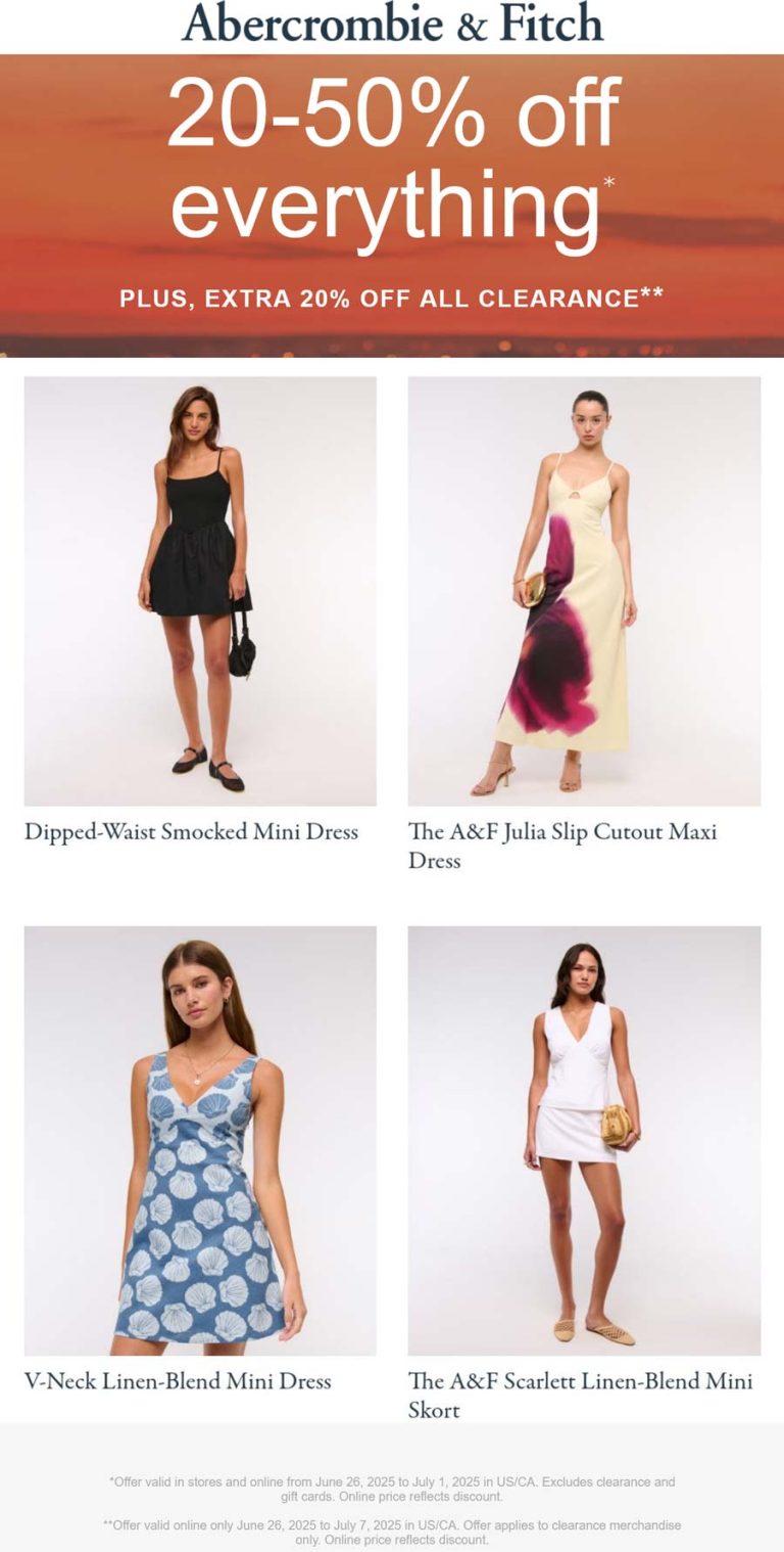 Abercrombie & Fitch coupon: 20-50% off everything & more at Abercrombie & Fitch
