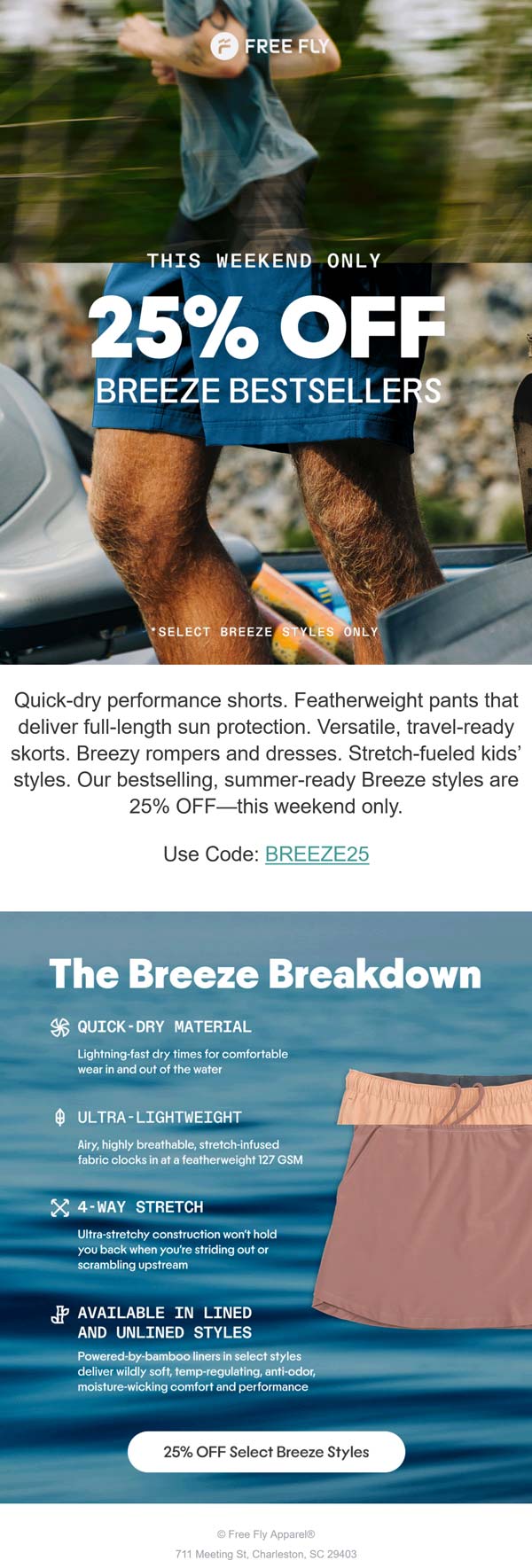 25% off breeze at Free Fly Apparel via promo code BREEZE25