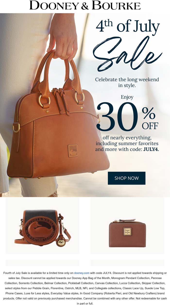 Dooney & Bourke coupon: 30% off everything at Dooney & Bourke via promo code JULY4