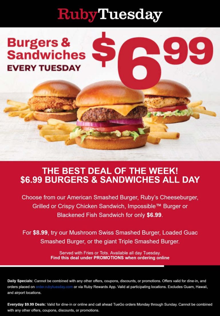$7 cheeseburgers & sandwiches + fries or tots today at Ruby Tuesday