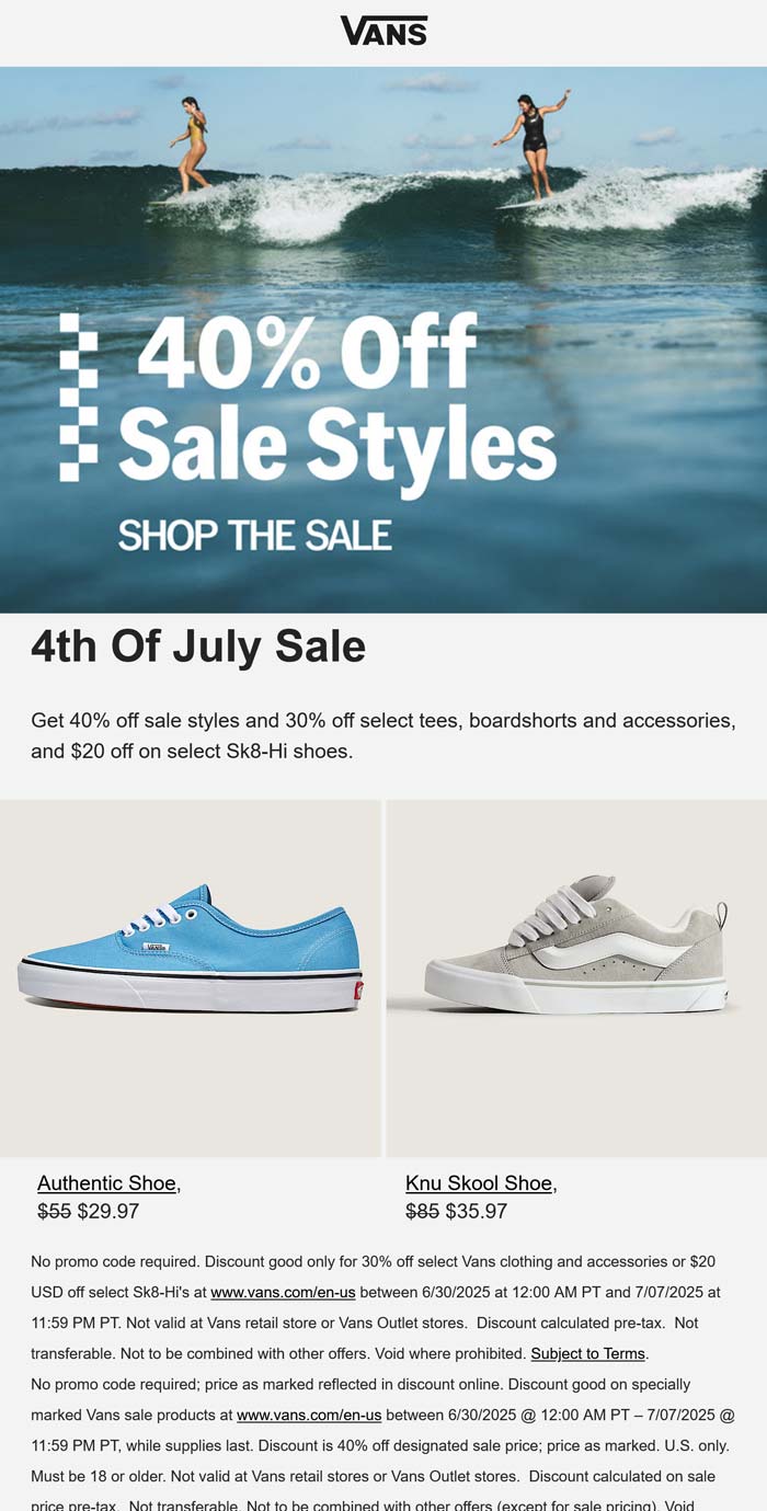 Extra 40% off sale styles at Vans