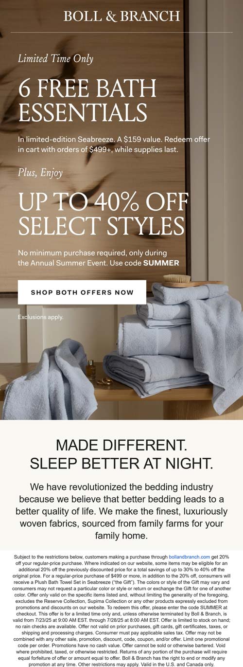 Boll & Branch coupon: 6 free bath essentials on $500 at Boll & Branch