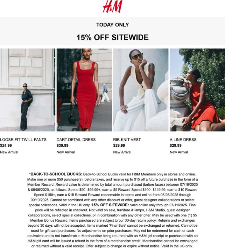 H&M coupon: 15% off everything online today at H&M
